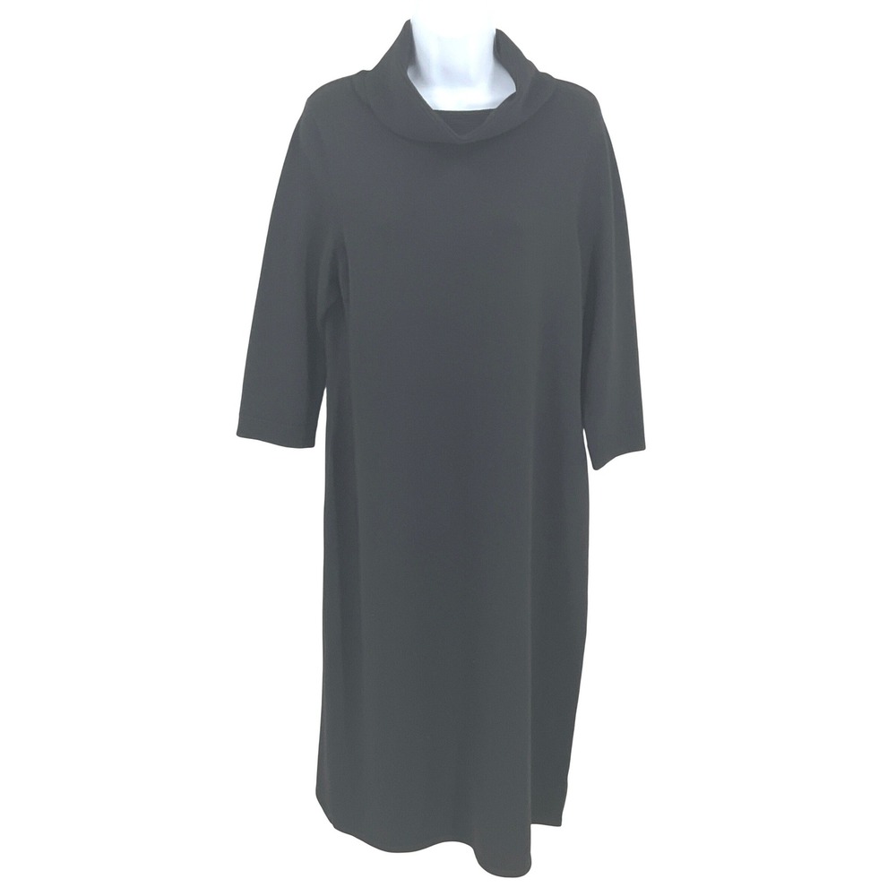 Talbots Sweater Dress Womens L Black Merino Wool‎ Cowl Neck Midi Minimalist Luxe